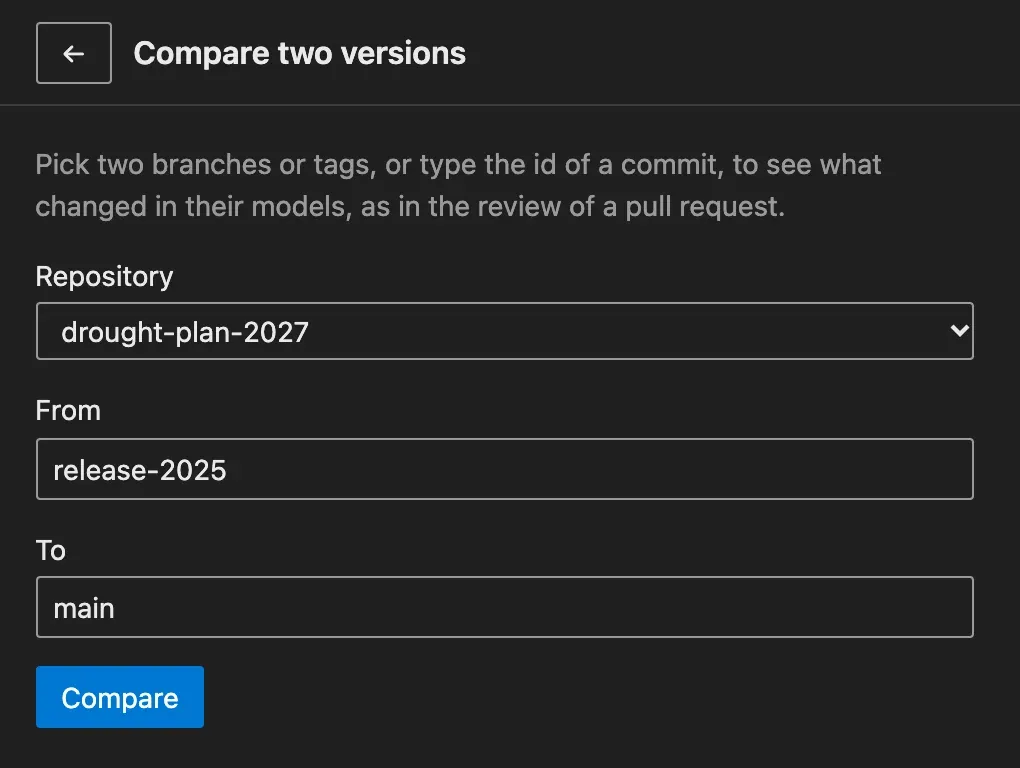 The Compare two versions form: the drought-plan-2027 repository, release-2025 in From, main in To, and the Compare button.