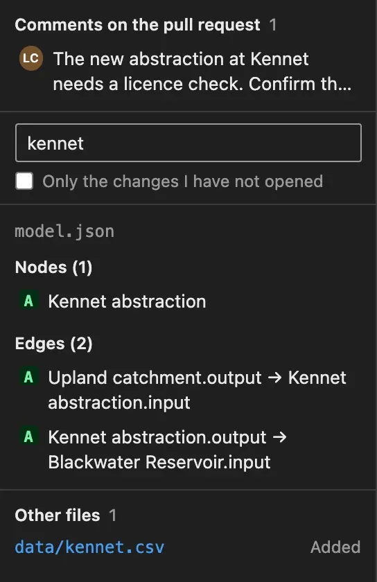 The list of changes with kennet in Find a change by name: the Kennet abstraction node, the two edges that connect it and the data file of its flows.