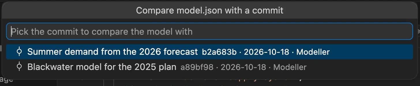 The list of the commits of model.json, each with its message, its short hash, its date and its author.