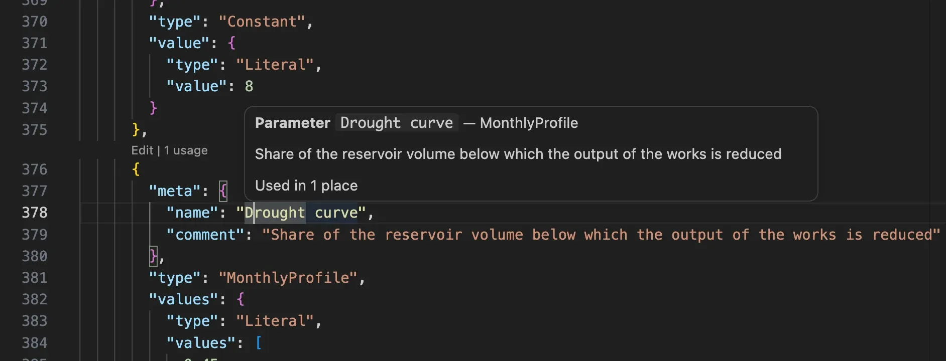 Hovering the name of a parameter shows that it is a monthly profile, its comment and that it is used in one place.