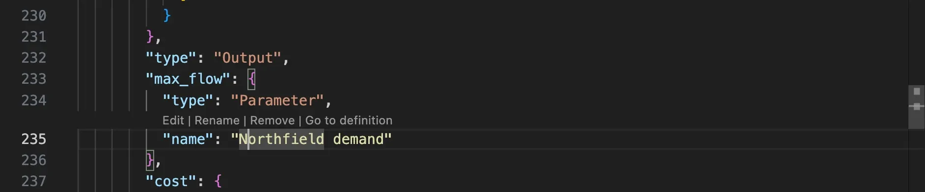 The max_flow of the Northfield node in the JSON file, with the links Edit, Rename, Remove and Go to definition above the name of the parameter Northfield demand.