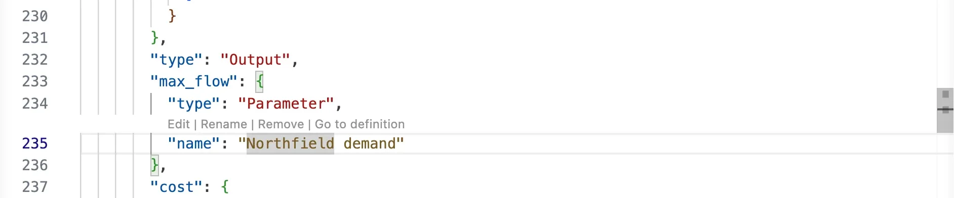 The max_flow of the Northfield node in the JSON file, with the links Edit, Rename, Remove and Go to definition above the name of the parameter Northfield demand.
