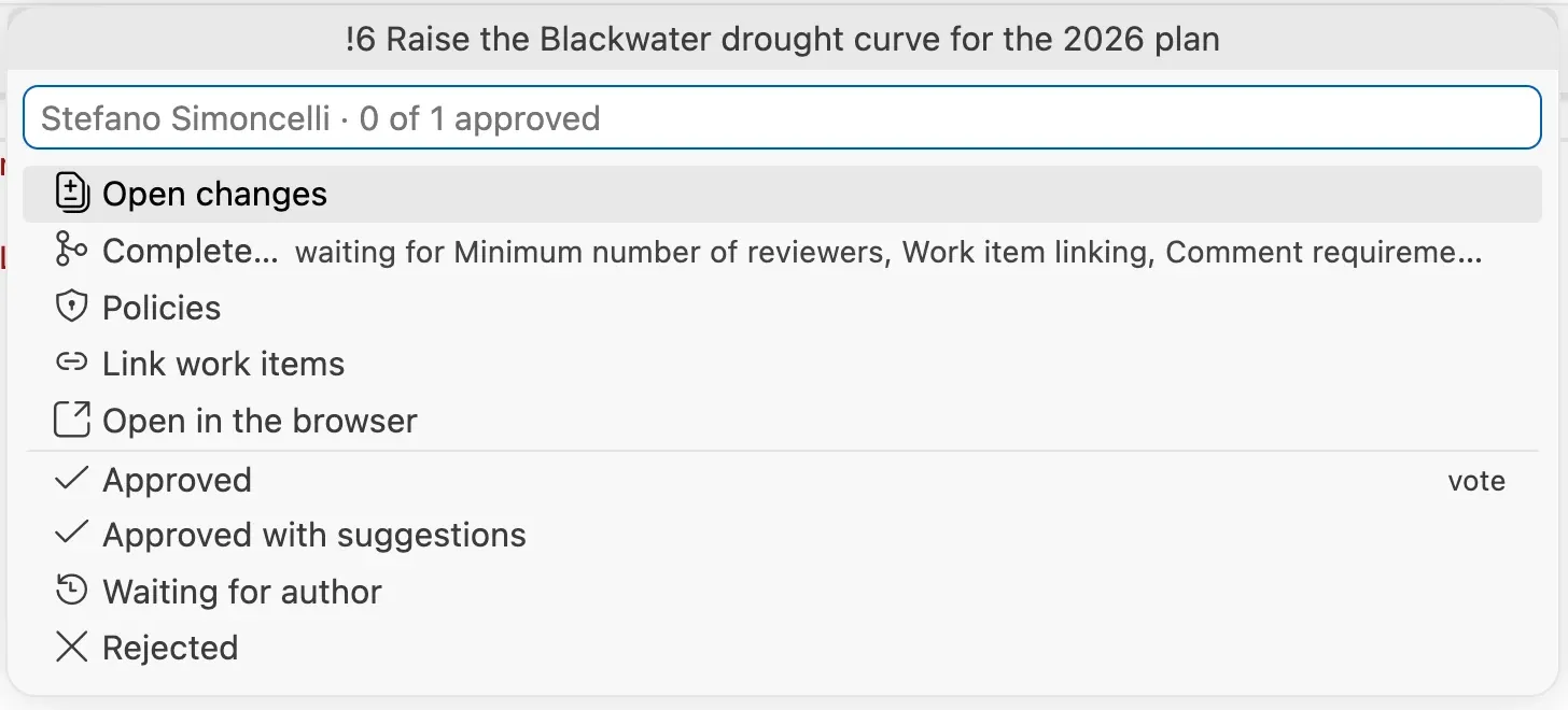 The actions of pull request 6: open changes, complete, waiting for the minimum number of reviewers, work item linking and comment requirements, policies, link work items, open in the browser, and the four votes.