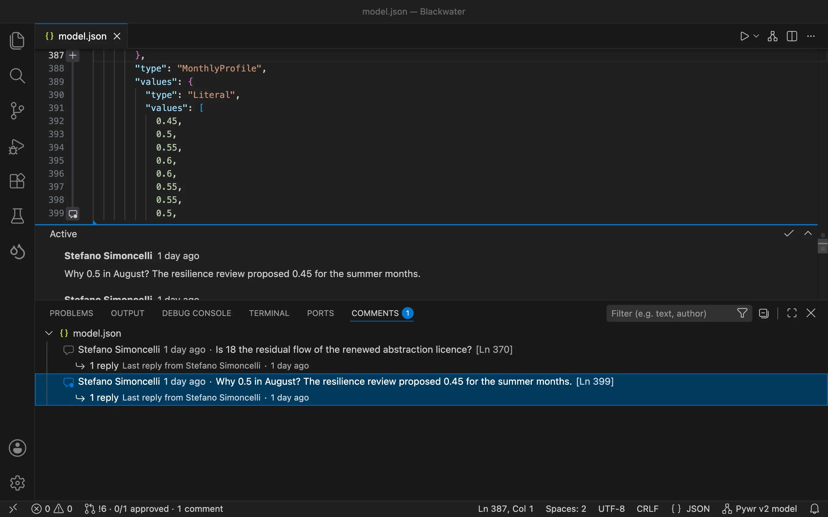 The Comments panel with the two threads of model.json: the question on the residual flow at line 370, resolved, and the question on the August drought curve at line 399, active, each with one reply.