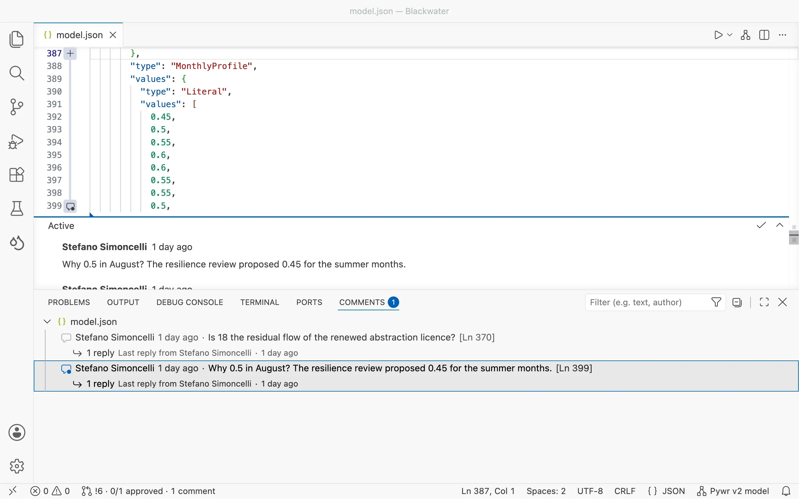 The Comments panel with the two threads of model.json: the question on the residual flow at line 370, resolved, and the question on the August drought curve at line 399, active, each with one reply.