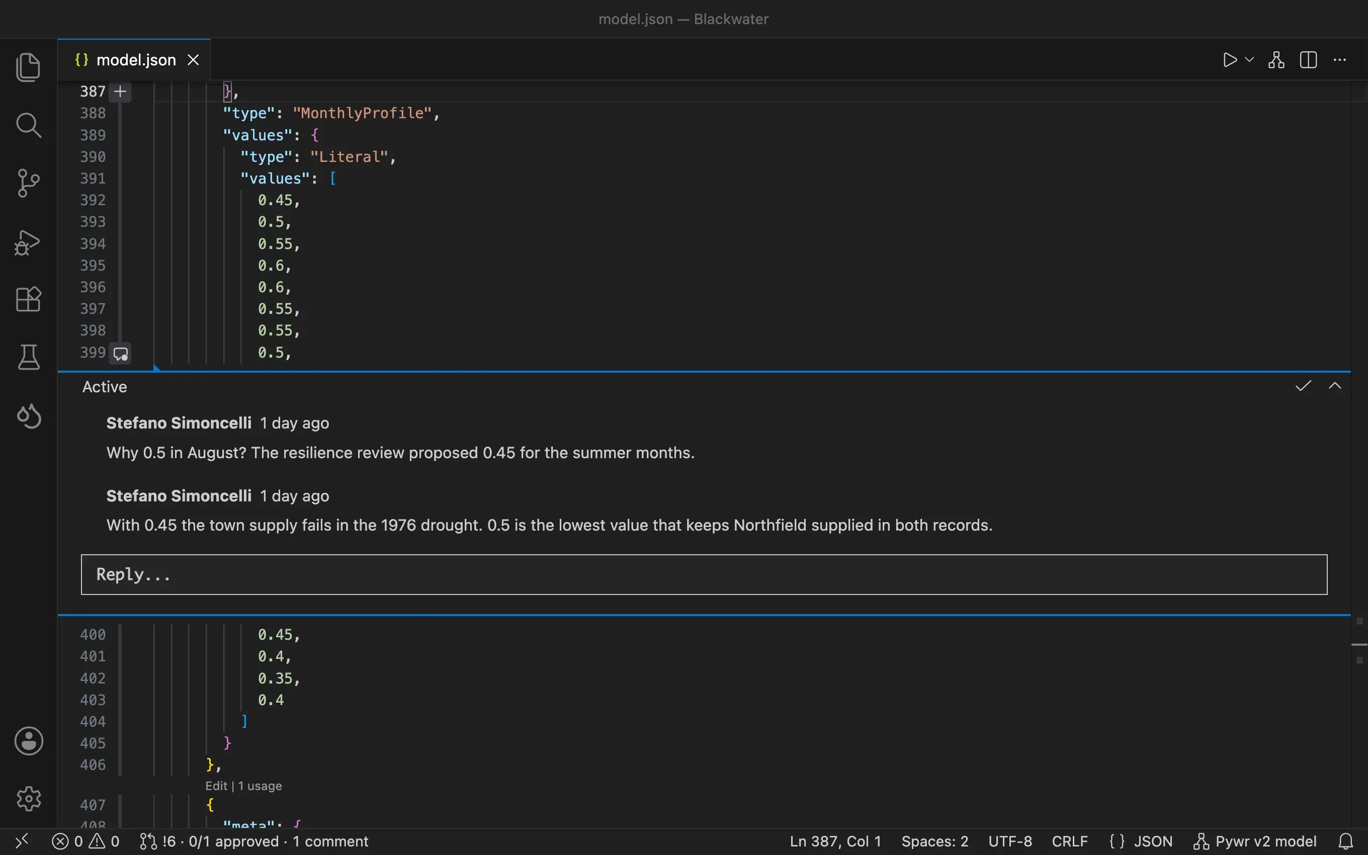 The drought curve of model.json with an active thread under the August value: a question about the value and the reply of the modeller, with the reply box and the button to resolve it. The status bar shows pull request 6, 0 of 1 approved and 1 comment.