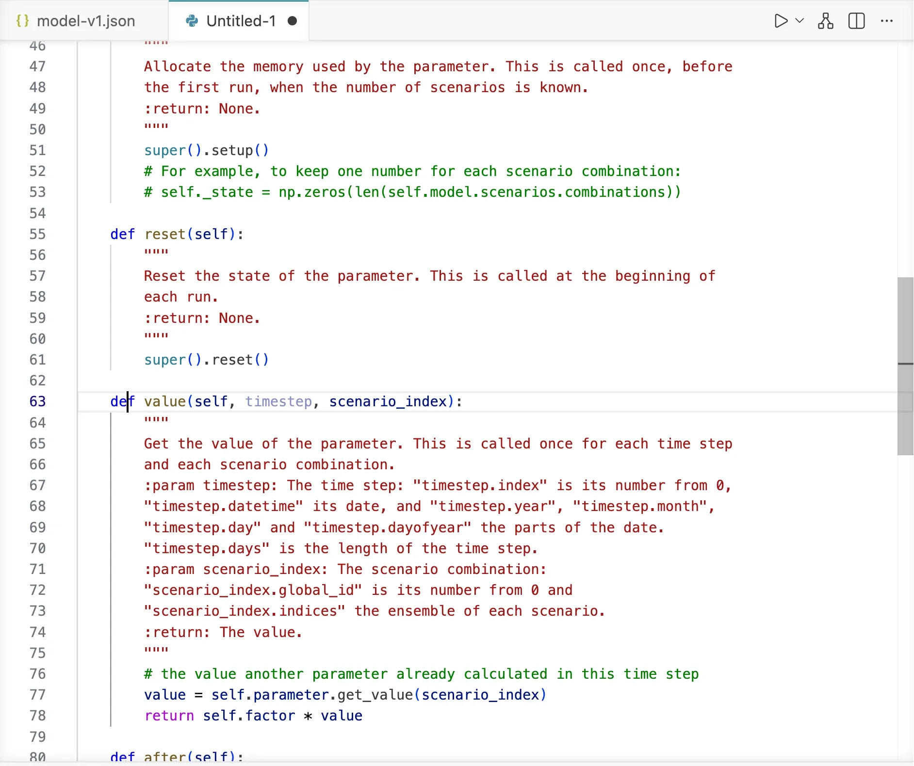 The custom parameter: the reset method and the value method, whose documentation describes the time step and the scenario index it receives.