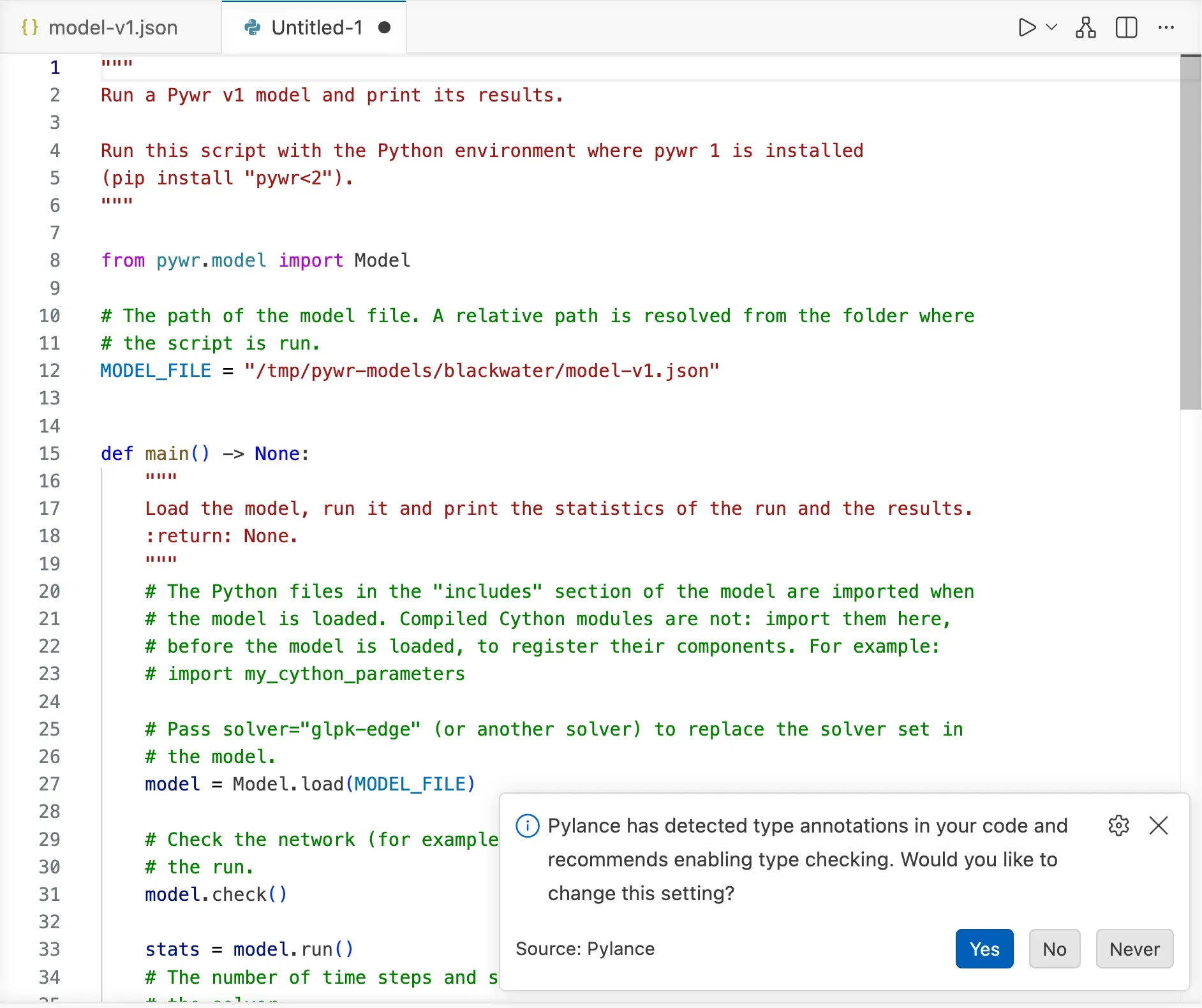 The script that runs a Pywr v1 model: the path of the open model is set in MODEL_FILE, and the main function loads the model, checks it and runs it.