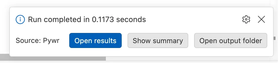 The notification at the end of a run: Run completed, with the buttons Open results, Show summary and Open output folder.