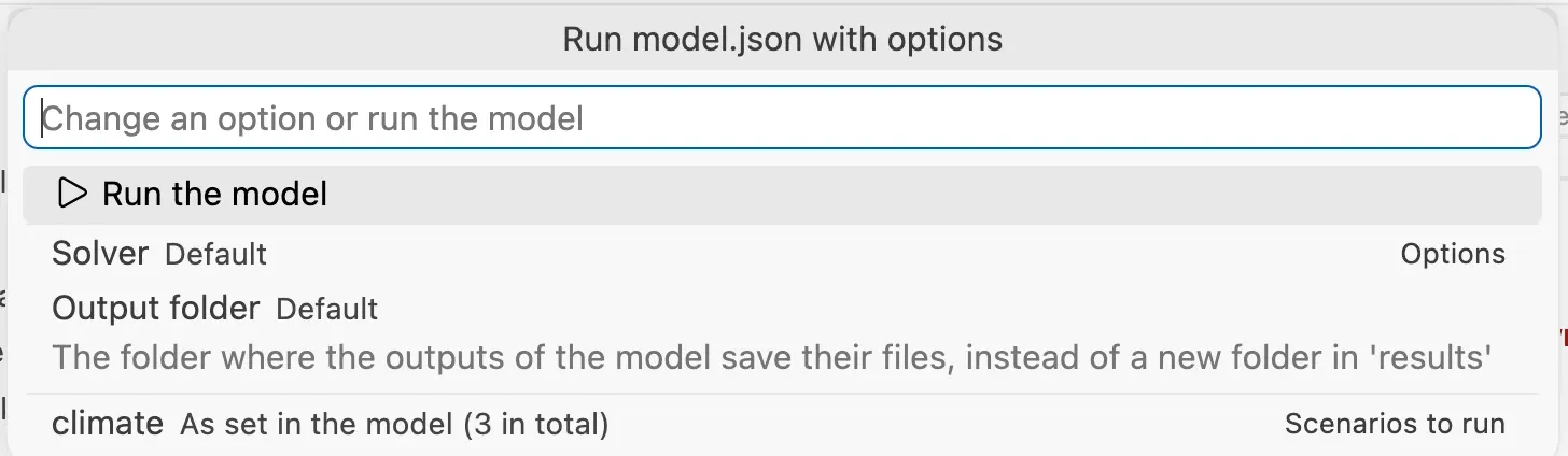 The run options: Run the model, Solver, Output folder and the scenarios to run.