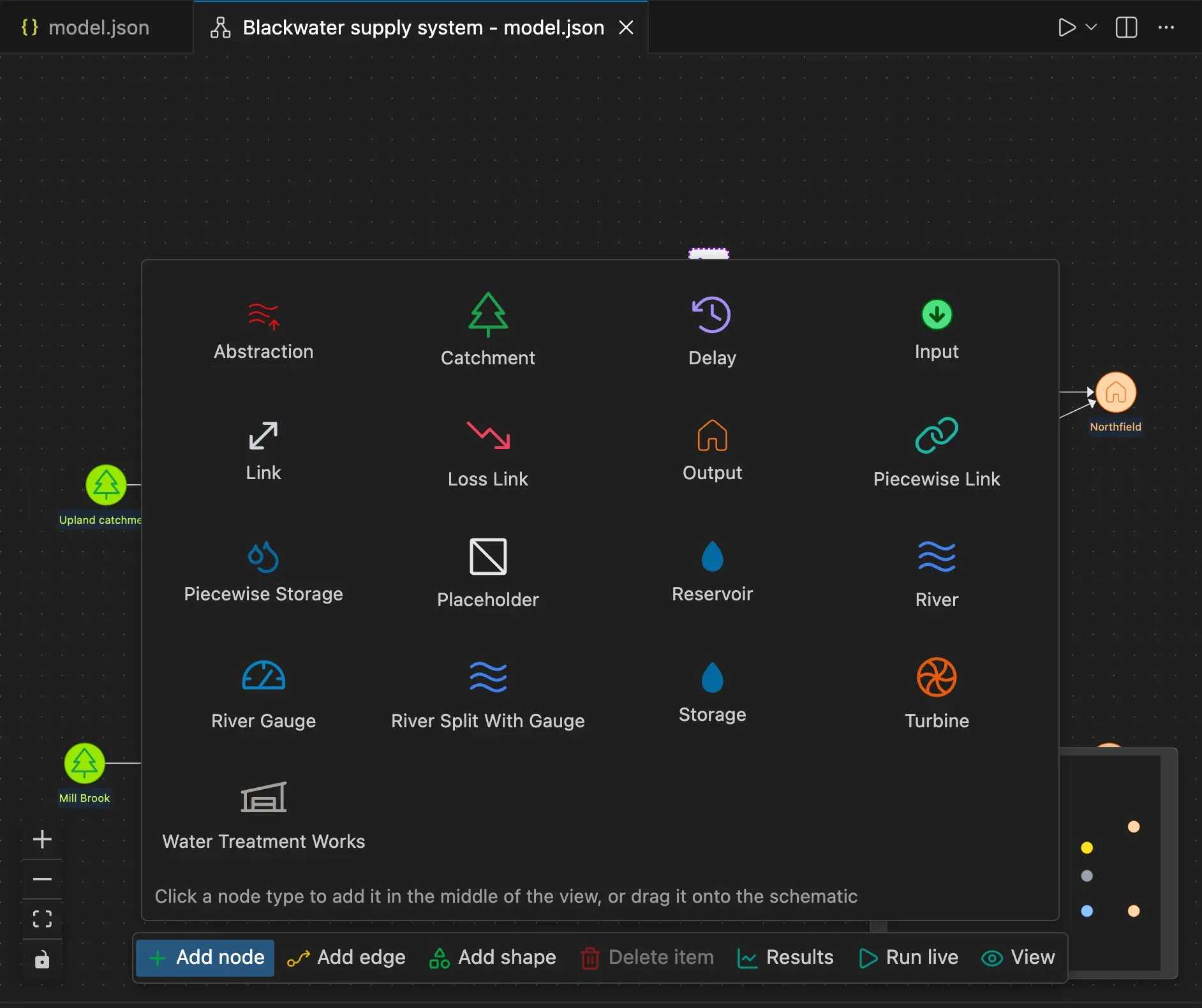 The schematic with the Add node panel open, showing the node types to drag onto the schematic.