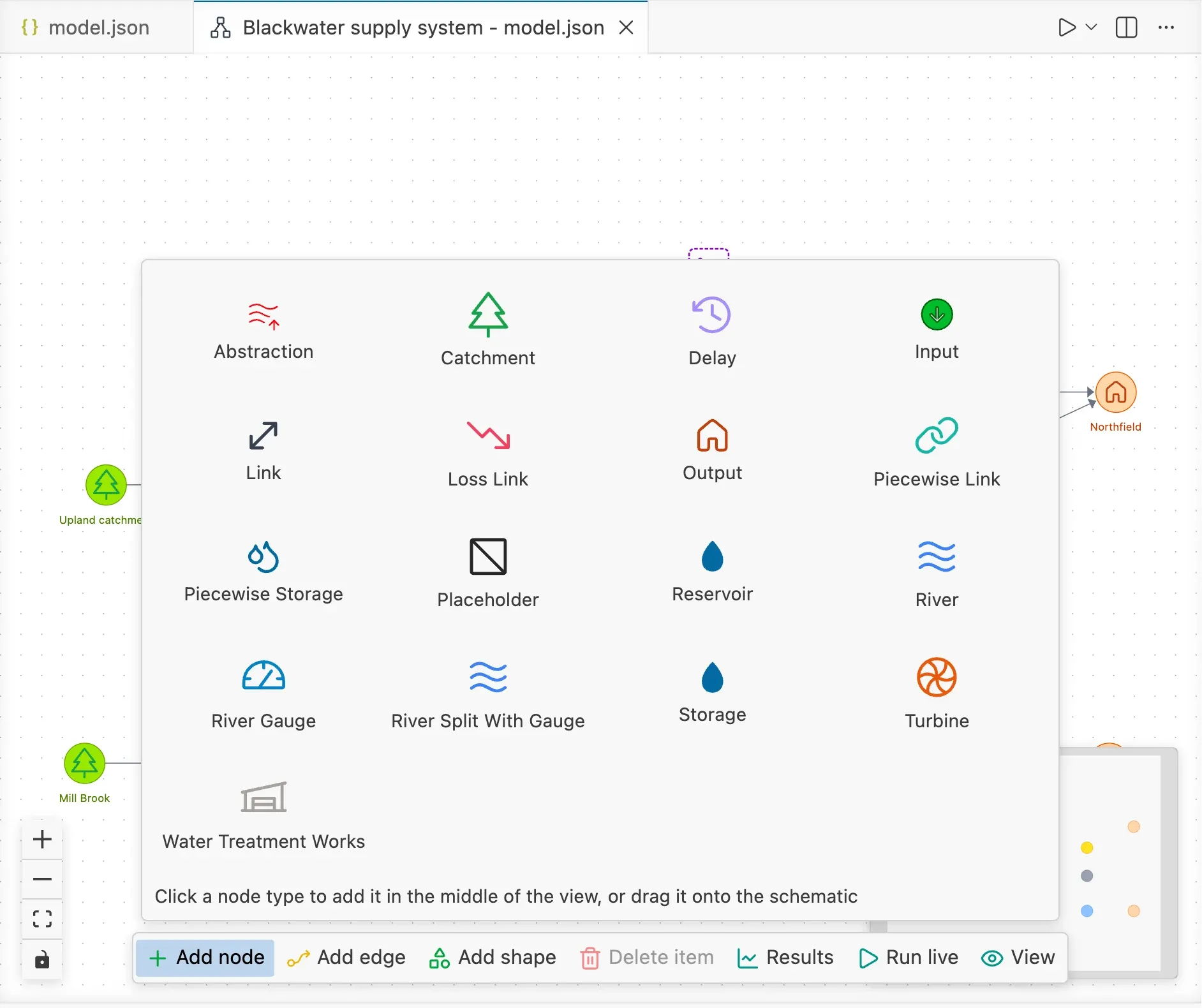 The schematic with the Add node panel open, showing the node types to drag onto the schematic.