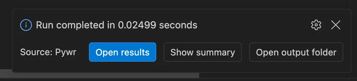 A notification saying the run completed, with the buttons Open results, Show summary and Open output folder.
