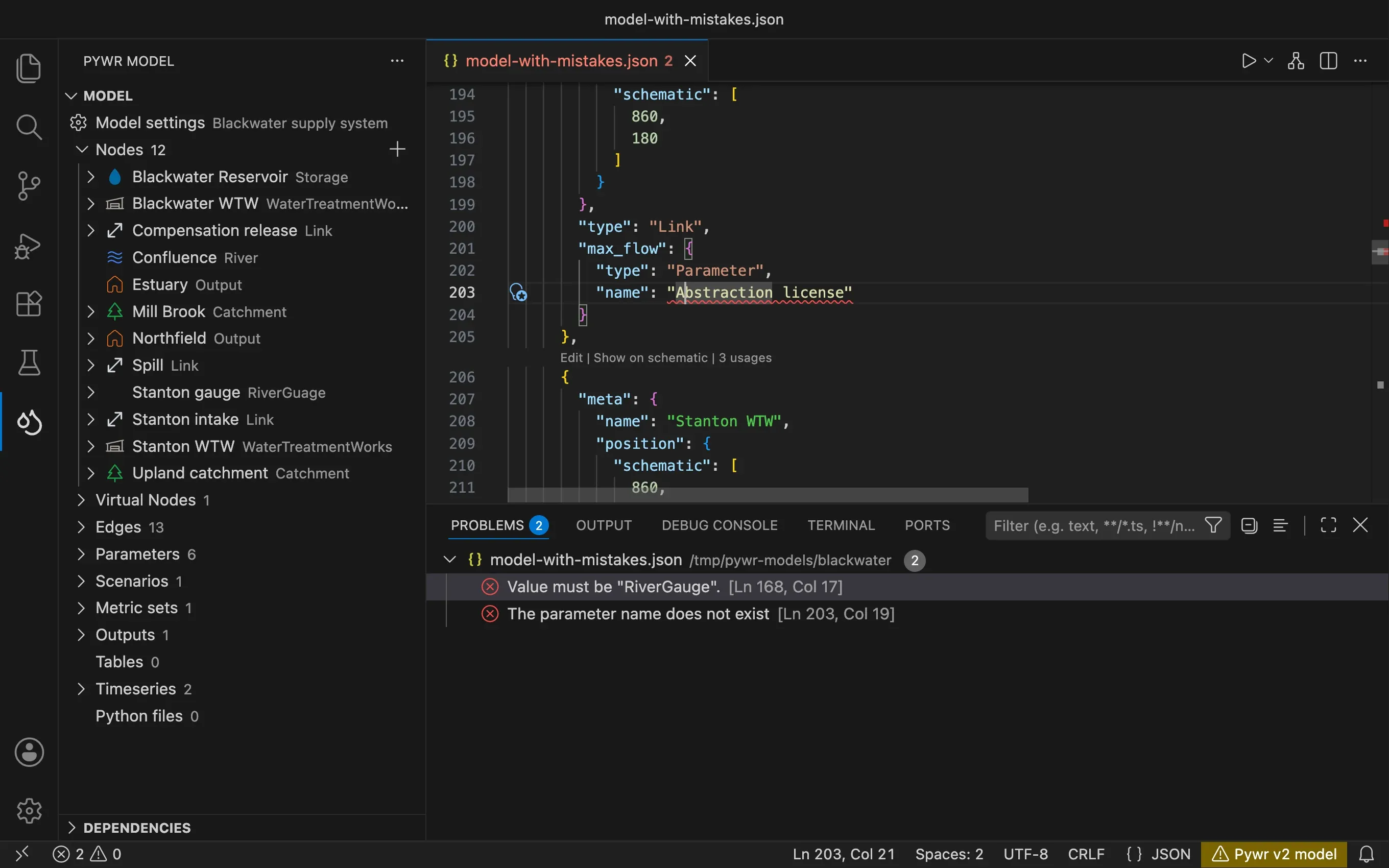 A model with two mistakes: a misspelt parameter name is underlined in the editor, and the Problems panel lists a wrong node type and a parameter name that does not exist.